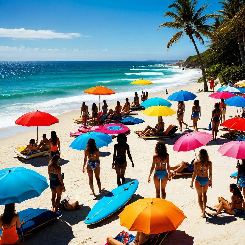 A lively beach scene showcasing diverse models flaunting the latest beachwear trends, transitioning from a luxurious runway setting to a vibrant coastal environment. Include elements like colorful umbrellas, beach towels, and surfboards in the background, capturing playful energy and fashion. The sunlight reflects off the ocean, emphasizing the textures of the fabrics and the lively spirit of summer. super-realistic. vibrant colors. beach aesthetic.