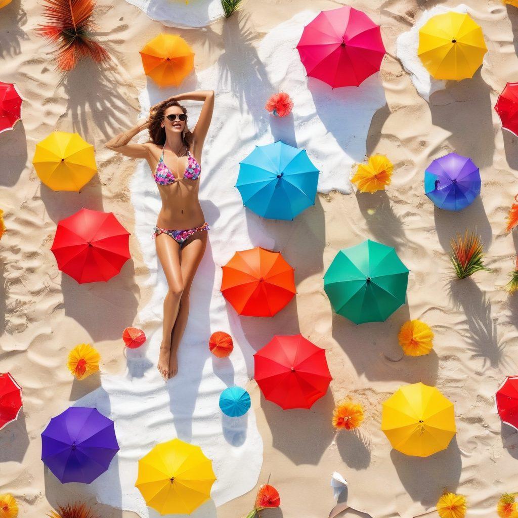 A vibrant summer beach scene featuring diverse models showcasing trendy bikinis in various styles and colors. Include bright umbrellas, playful beach balls, and crystal-clear waves in the background. Capture the essence of summer with cheerful expressions and dynamic poses, reflecting confidence and joy. Add tropical elements like palm trees and colorful cocktails for a festive atmosphere. super-realistic. vibrant colors. sunny backdrop.